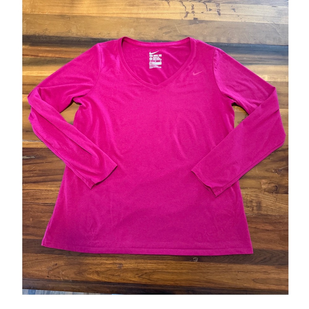 Nike Dri-FIT Long Sleeve V-Neck Athletic Shirt Pink XL Womens